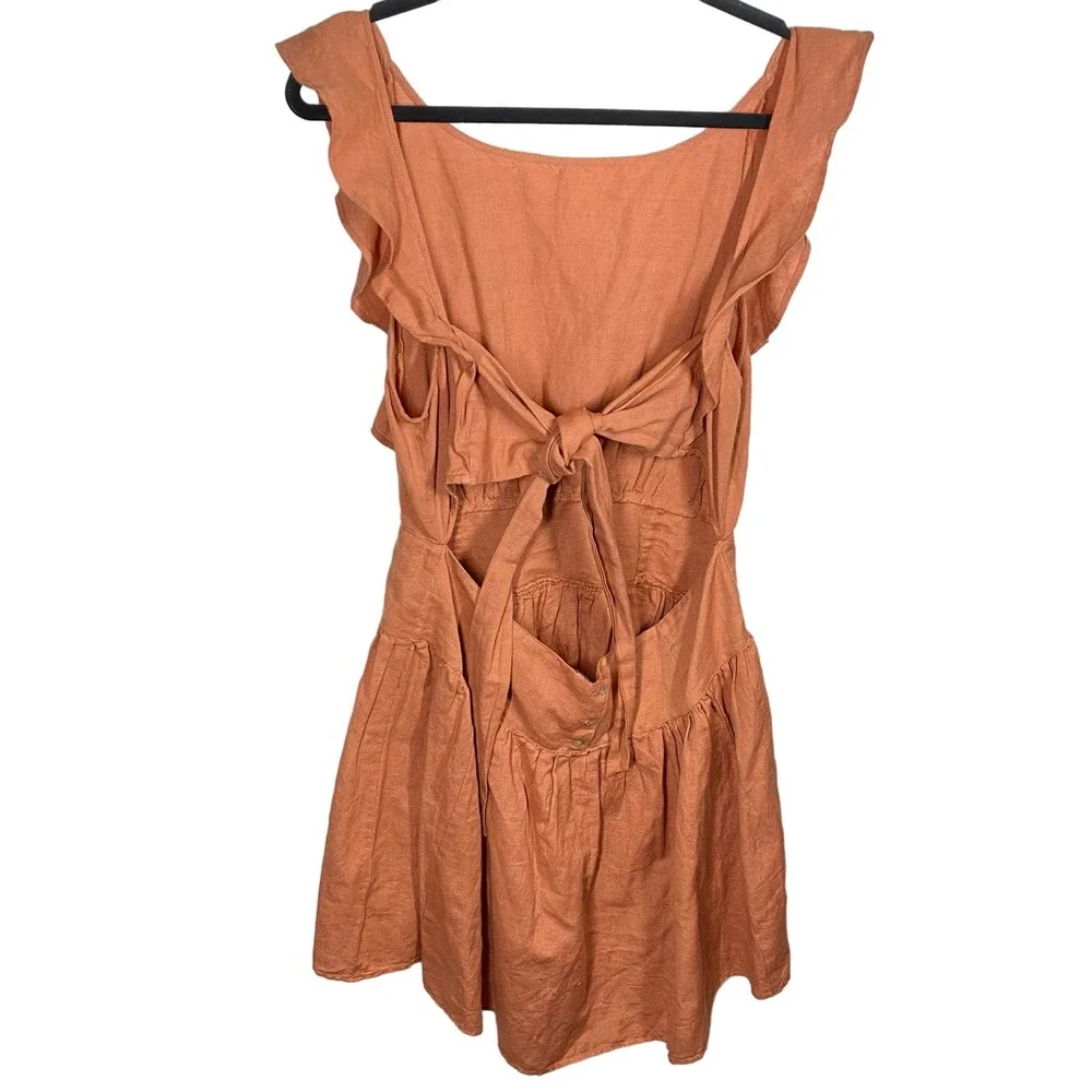 Free People Erin Tie Back Ruffle Sleeve Dress Linen Blend Bronze Orange Sz Small - Picture 6 of 9